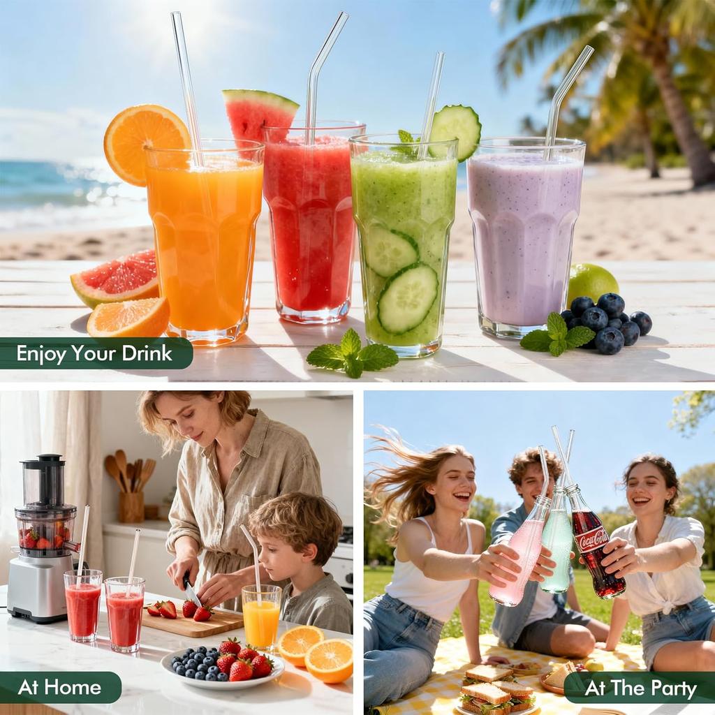12 Pcs Reble Glass Straws - Size 10.5"x8mm,8.5"x8mm,Including 6 Straight and 6 Bent Clear Glass Straws with 2 Cleaning Brush for for Smoothies,