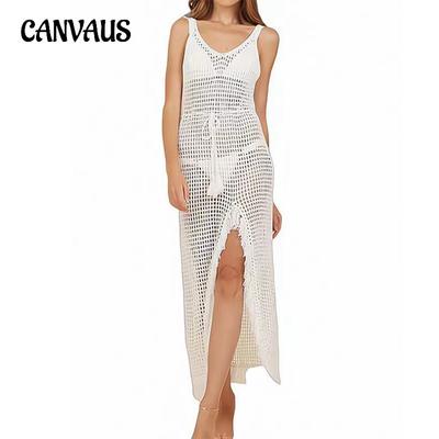 Women's Summer Backless Holiday Sexy Hollow Out Knit Dress Beach Cover Up Long Dress Bikini Swimwear Sun Protection