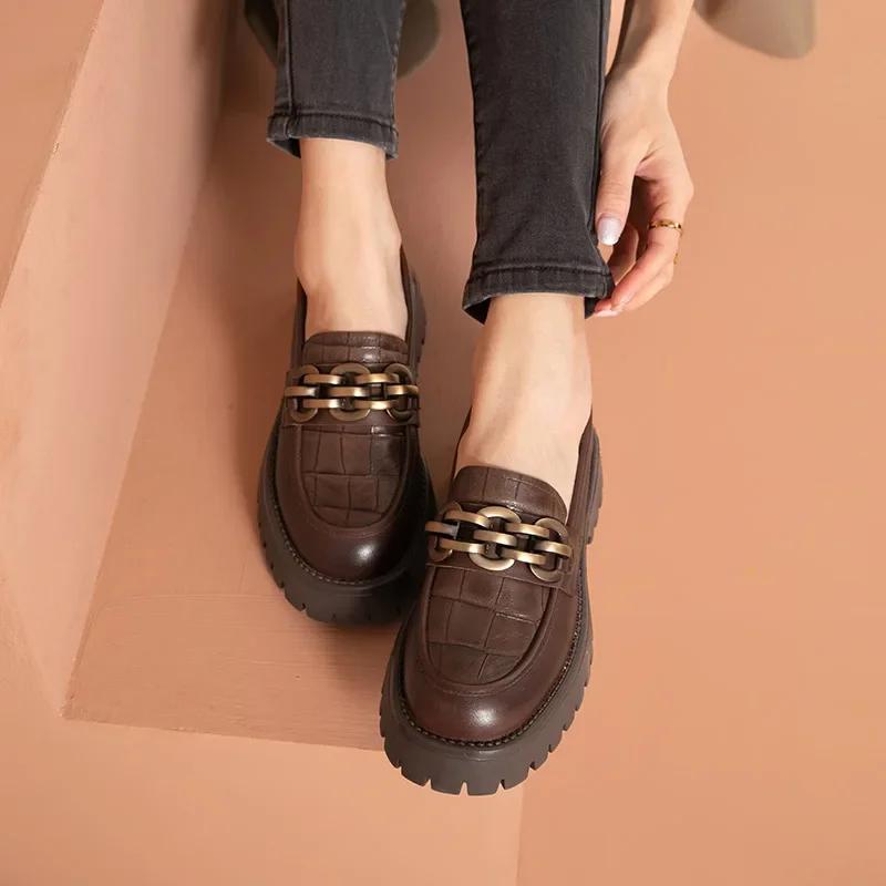 Outdoor Walking Chunky Loafers Women Genuine Cow Leather Platform Shoes Round Toe Metal Chain Slip on Ladies Flats Handmade