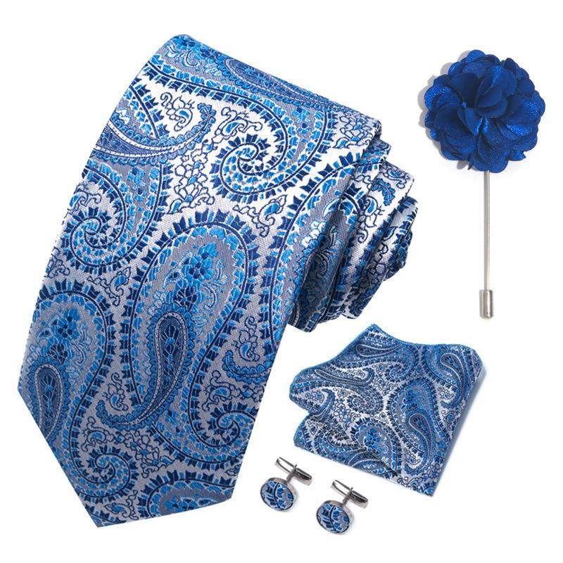 Men 8cm Wide Silk Wed Neck Tie Cufflinks Brooch Pin Handkerchief Business Wedding Party Suits Groom Accessories Gift