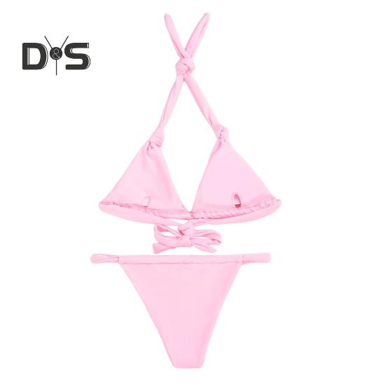 2Pcs/Set Women Bikini Set Halter Padded Wireless Bikini Bra High Waist Swimming Briefs Set Split Design Solid Color Swimsuit
