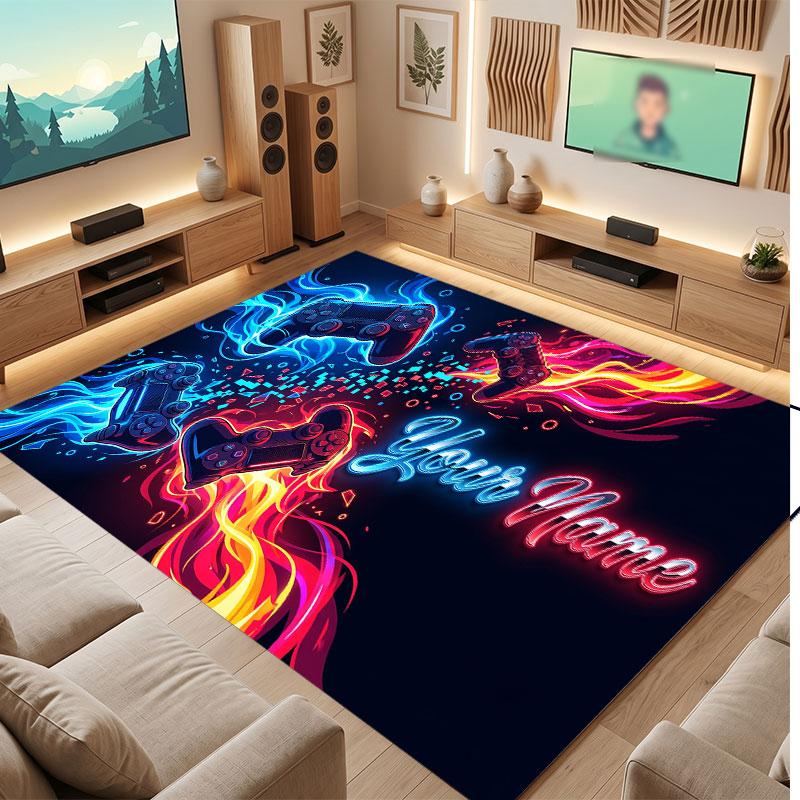 Game Controller Theme Crystal Velvet Floor Rug Personalized Custom Name Text Warm Carpet Home Decoration