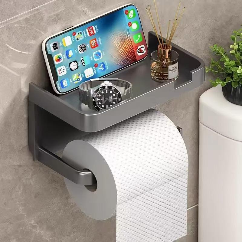 Toilet Paper Holder with Phone Shelf Adhesive No Punch Wall Mounted Tissue Rack for Hotel Bathroom Home Use