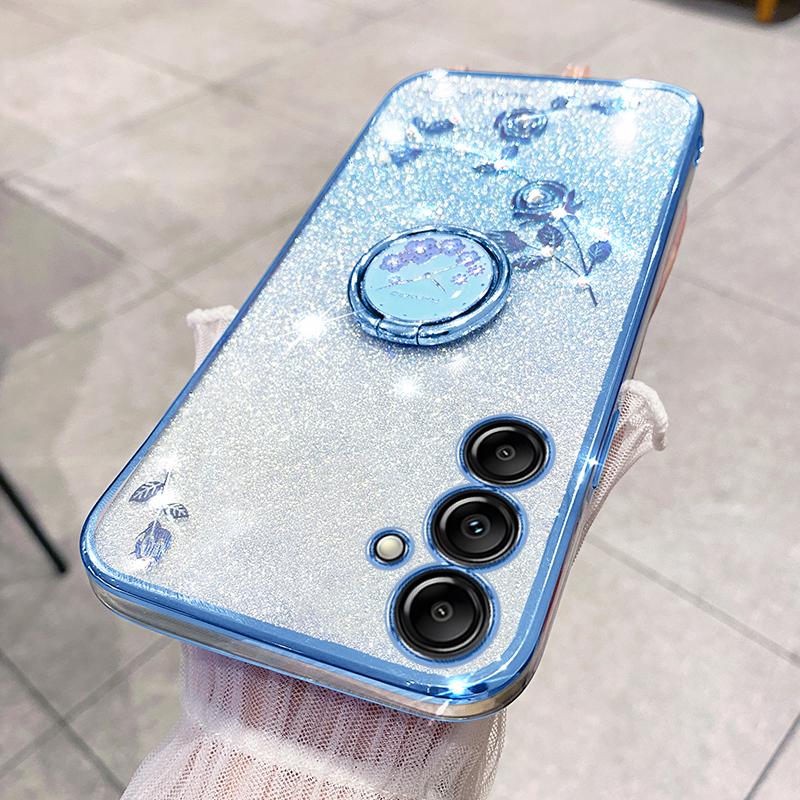 

KADEM For Samsung Galaxy M54 5G/F54 5G Flowers Cover Ring Kickstand Glitter Rhinestone TPU Phone Case Blue