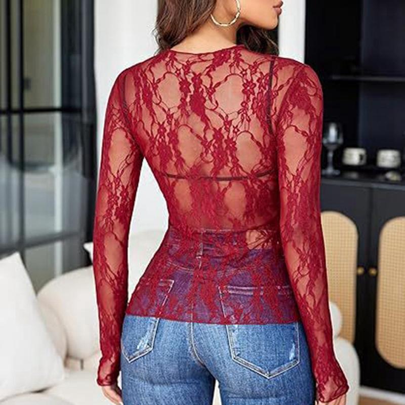 Women's Mesh Lace See-through Sexy Long Sleeve Top Sheer Shirt