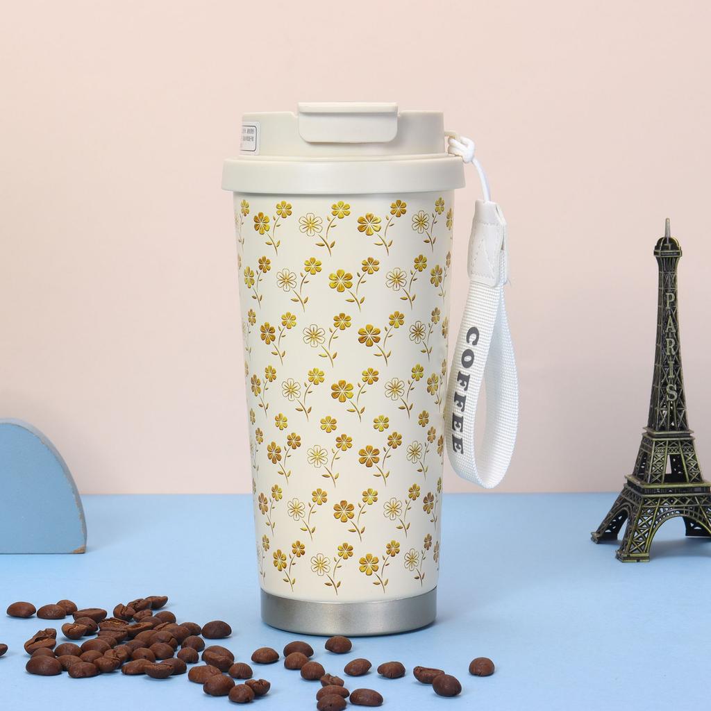 High-value Lily of the Valley Coffee Cup, Thickened 316 Stainless Steel Thermos Cup, Portable Rope, Car Double Drinking Straw Water Cup