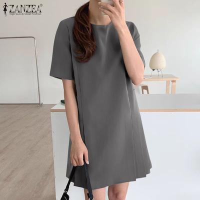 Women Casual Round Neck Solid Color Loose Short Sleeve Dress