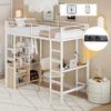 Cama Loft, 90*200cm, Sem Colchão, Cama com Secretária, Com Tomada e USB, Vários Prateleiras, Armário de Armazenamento Aberto, Grade de Proteção, Escada, Estrutura de Ferro, Branco