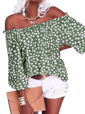 Women's Off Shoulder Chiffon Blouse Floral Print Loose Fit Lightweight Summer Casual Top