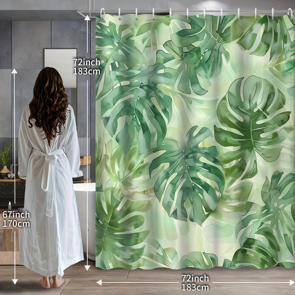 1pc Watercolor Green Tropical Plant Leaf Bamboo Bath Curtain, 12 Hooks Waterproof Bath Curtain, Bathroom Decoration, for Spring