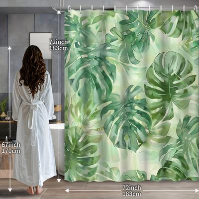 1Pc Watercolor Green Tropical Plant Leaf Bamboo Bath Curtain, 12 Hooks Waterproof Bath Curtain, Bathroom Decoration, For Spring