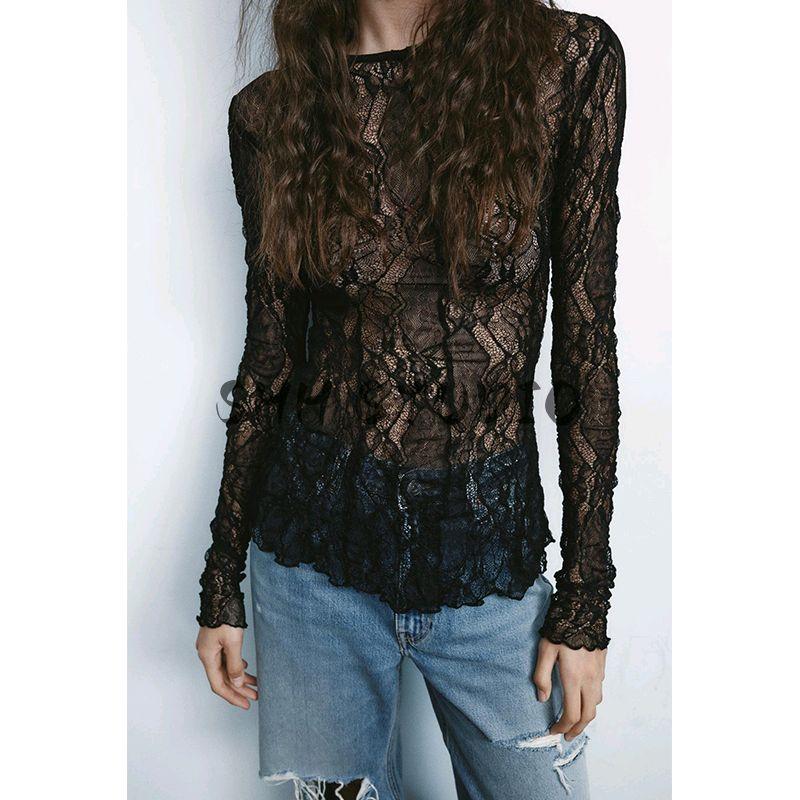 Spring New Women's Clothing Sexy Pure Desire Style Silm Long Sleeves round Neck Translucent Lace Tops 6050308