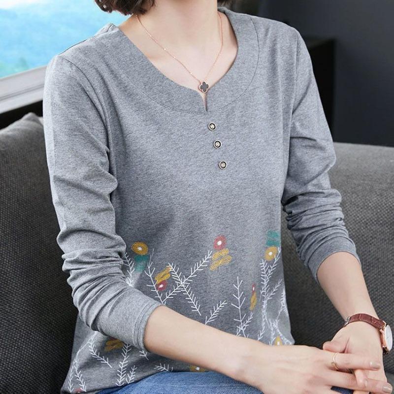 Women Fashion Print Elegant T-shirt Autumn Casual V-Neck Long Sleeve Slim Pullover Solid Color Basic Blouse