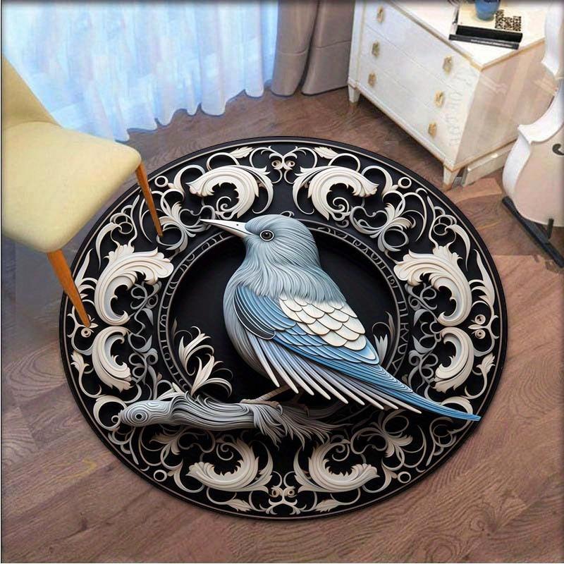 

Round Crystal Velvet Rug Blue Bird Art Black White Floral Pattern Floor Mat Home Decor Living Room Bedroom Carpet Unique Design 60cm