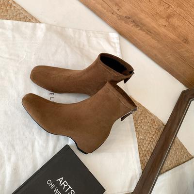 New Retro Versatile Thin Boots Cat Heel Square Head Inner Height Increase Zipper Temperament Thin Short Boots Women Autumn and Winter