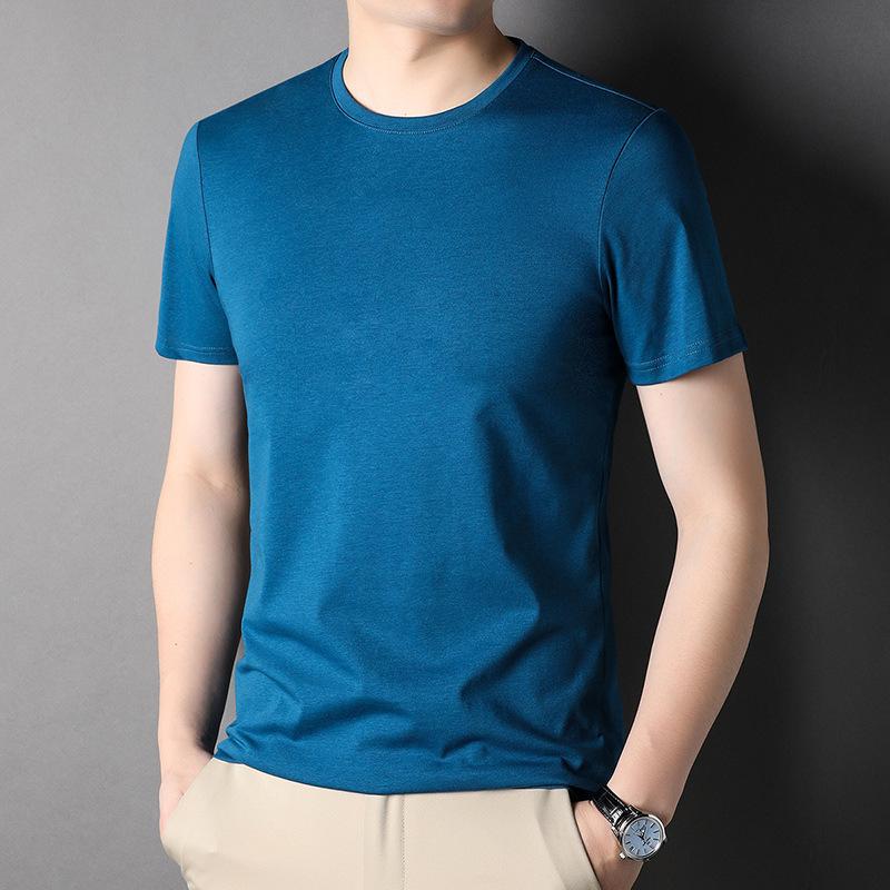 

Сплошная цветная шелковая футболка с короткими рукавами, мужская тонкая модная футболка из мерсеризованного хлопка с круглым вырезом и половиной рукавов