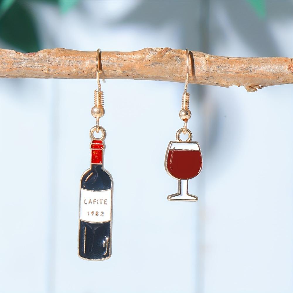 Orecchini Pendenti Asimmetrici Creativi Carini Simulazione Mini Bottiglia di Vino Rosso Bicchiere Highball per Donne Accessorio Gioiello Personalità