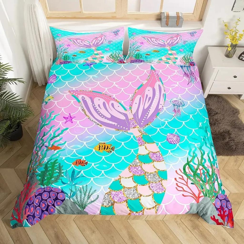 Mermaid Tail Fish Scales Girly Shell Starfish Comfortable Duvet Quilt Cover Pillowcase Bedding Set Children Bedroom Home Textile