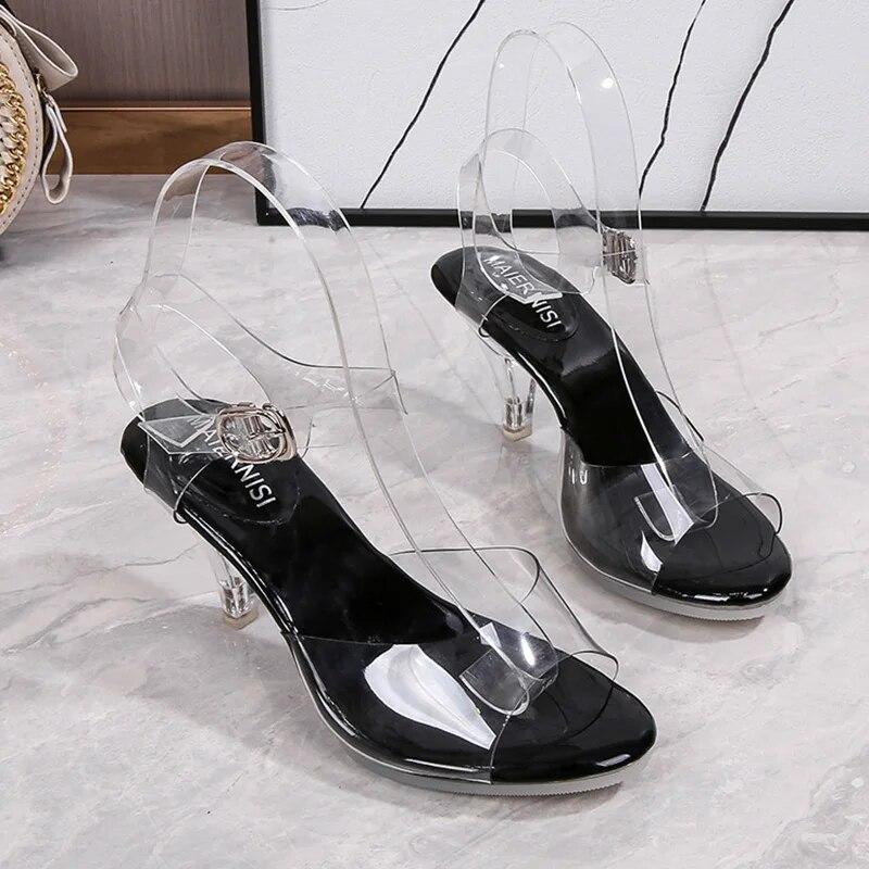 Stilettoskor för damer med lång mun Kristall Transparent korsrem Mode 7 cm Klack 1 cm Plattform WZ
