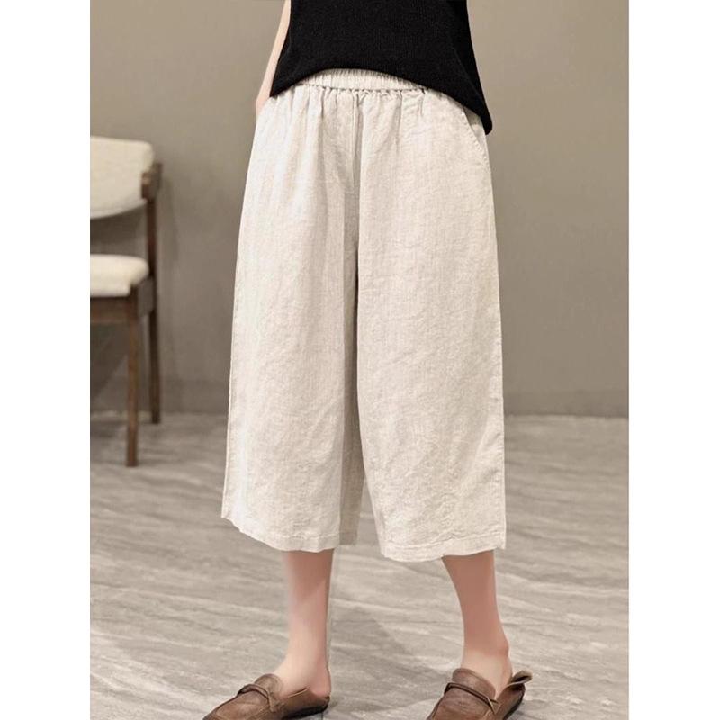 Women's Elastic High Waist Cotton Linen Wide Leg Cropped Pants Summer Straight Leg Casual Capris Trousers