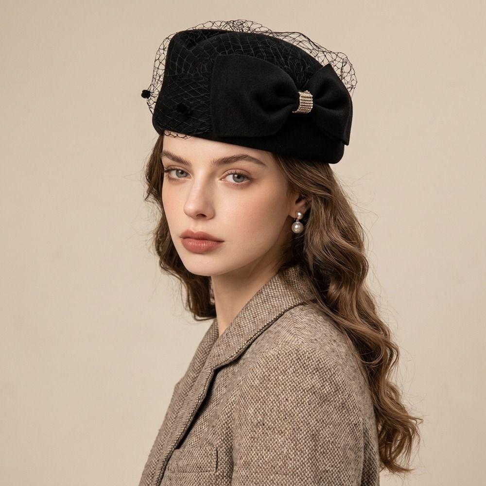 Elegante Fedora-Hut mit Schleife Französischer Stil Woll-Barett Uniform Flugbegleiterinnenhut Formeller Hut Damen