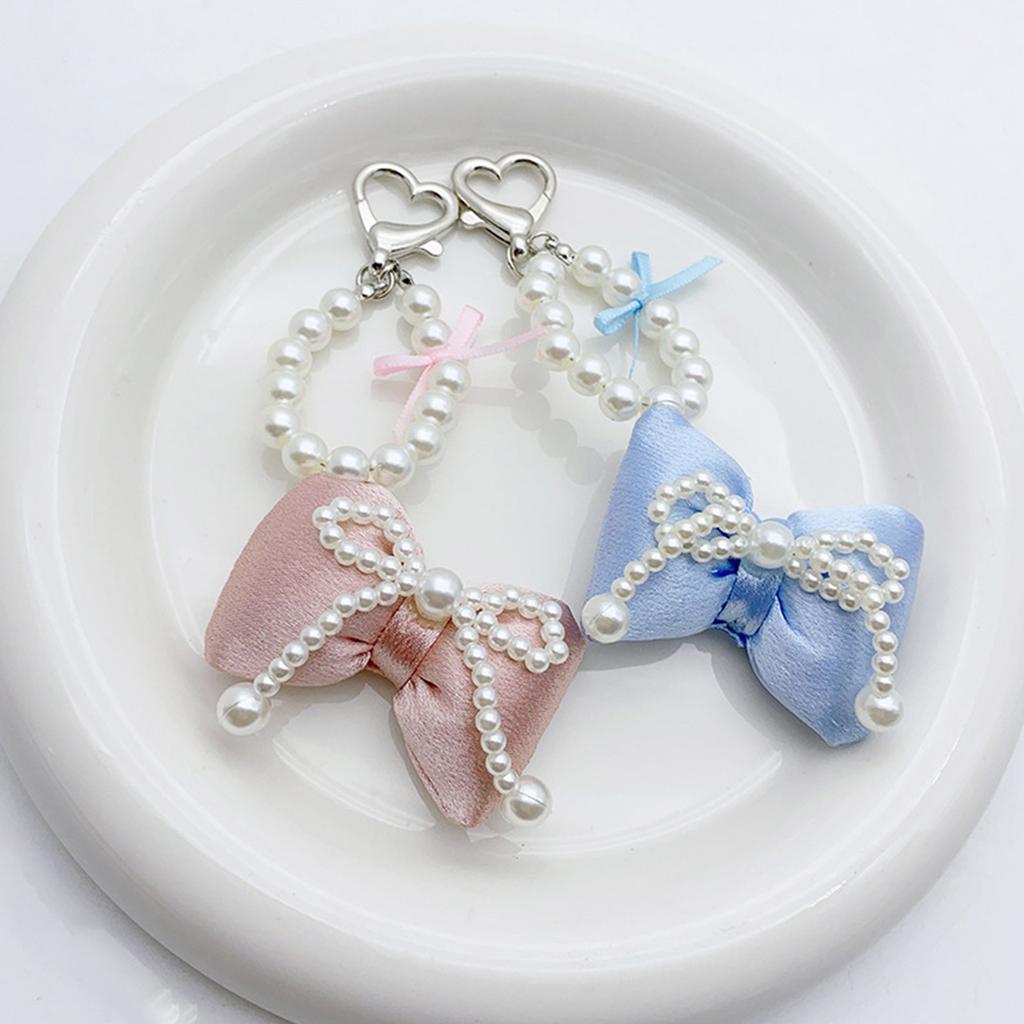 Sweet Cute Pearl Beaded Bowknot Keychain Pendant Lovely Hanging Decorations Keyring Charm for Purse Bag Backpack