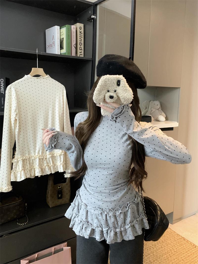 

Polka Dot Half-High Collar Long-Sleeve Fleece-Lined Top for Women (Autumn/Winter) One Size