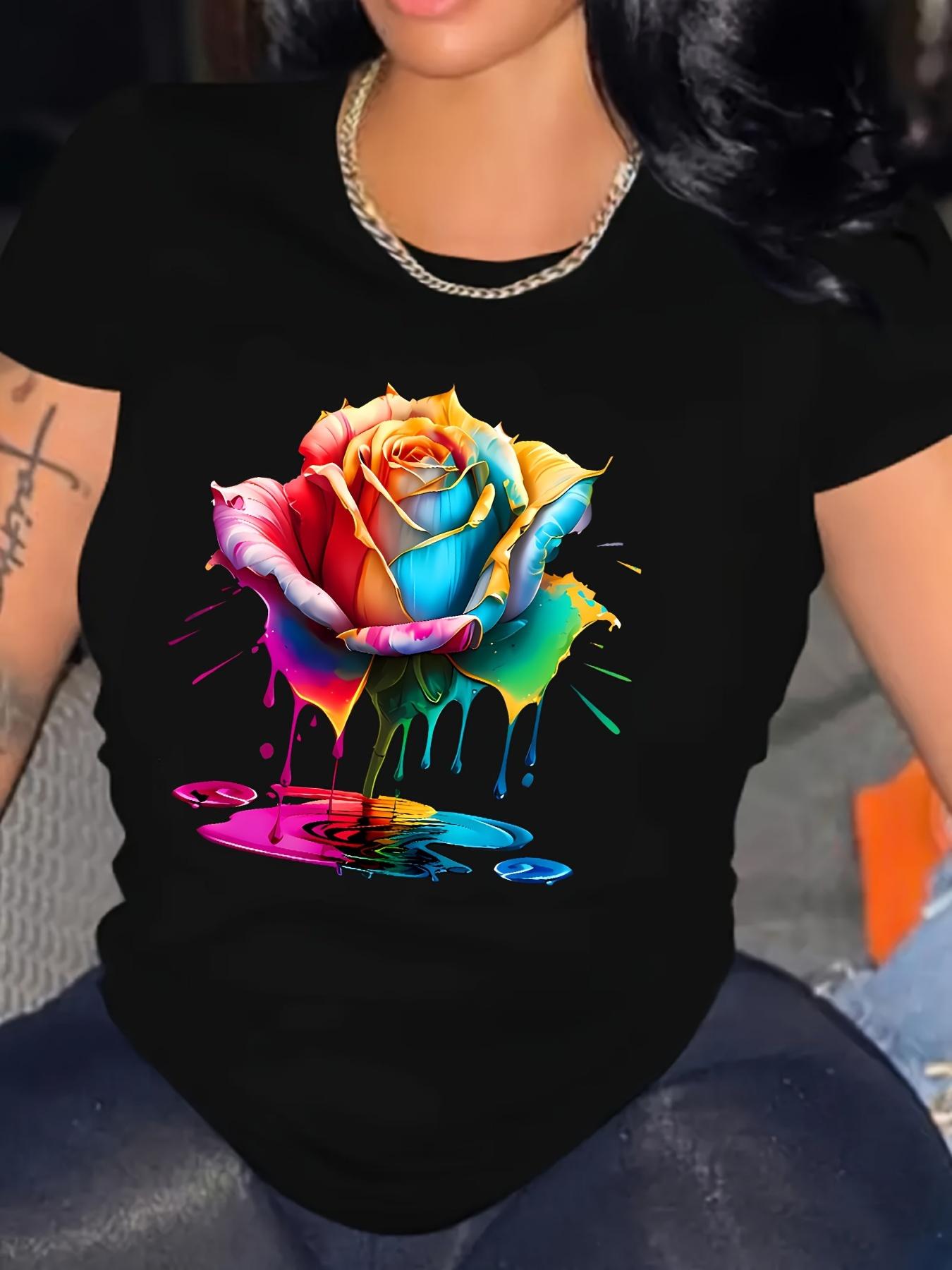 Colorful Rose Dripping Paint Graphic T-shirt S