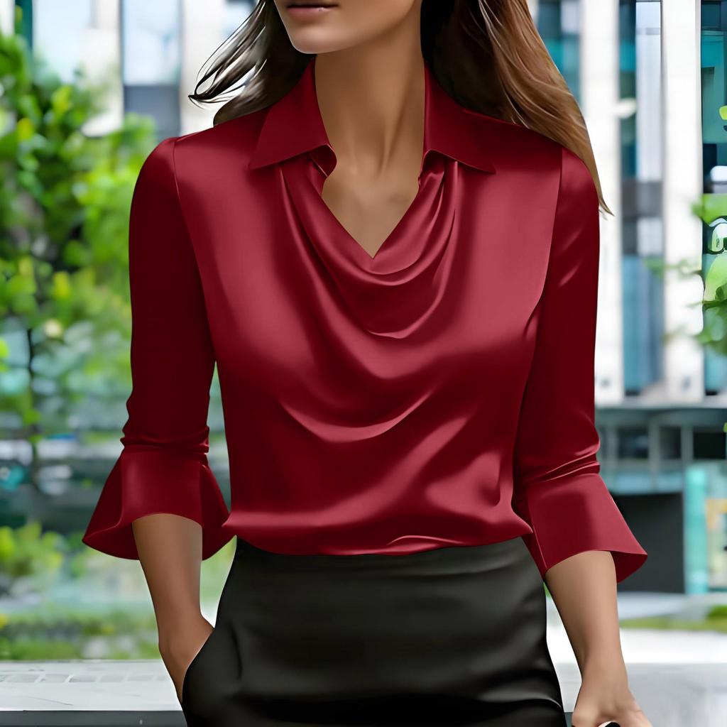 Satin Shirts For Womens Cowl Neck 3/4 Length Sleeves Dressy Fashion Pullover Tee Shirt Blouse Tops