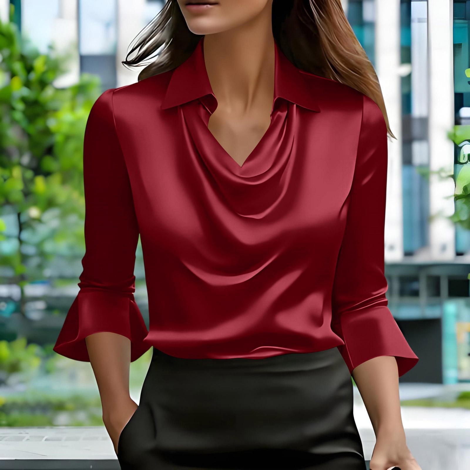 

Satin Shirts For Womens Cowl Neck 3/4 Length Sleeves Dressy Fashion Pullover Tee Shirt Blouse Tops XL винний
