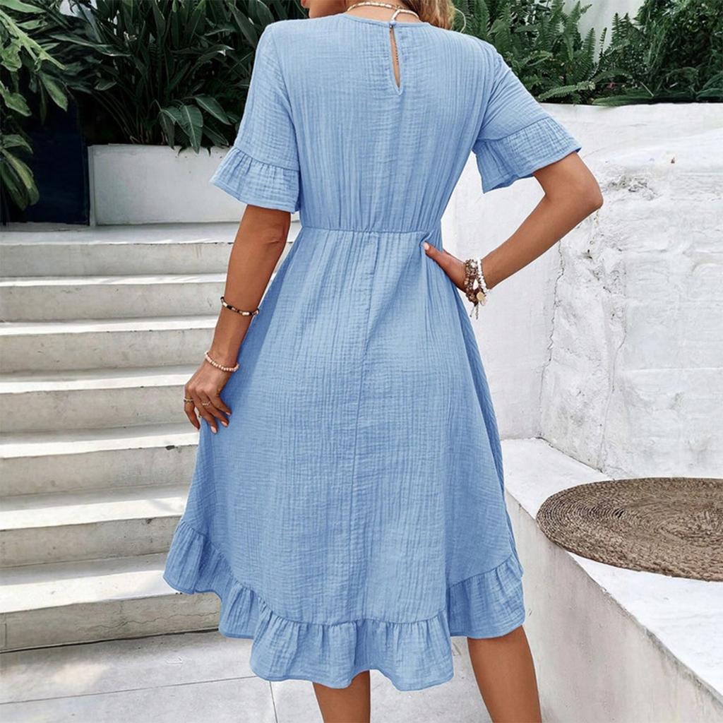 Damska Luźna Codzienna Sukienka Modowa z Falbankami i Krótkim Rękawem