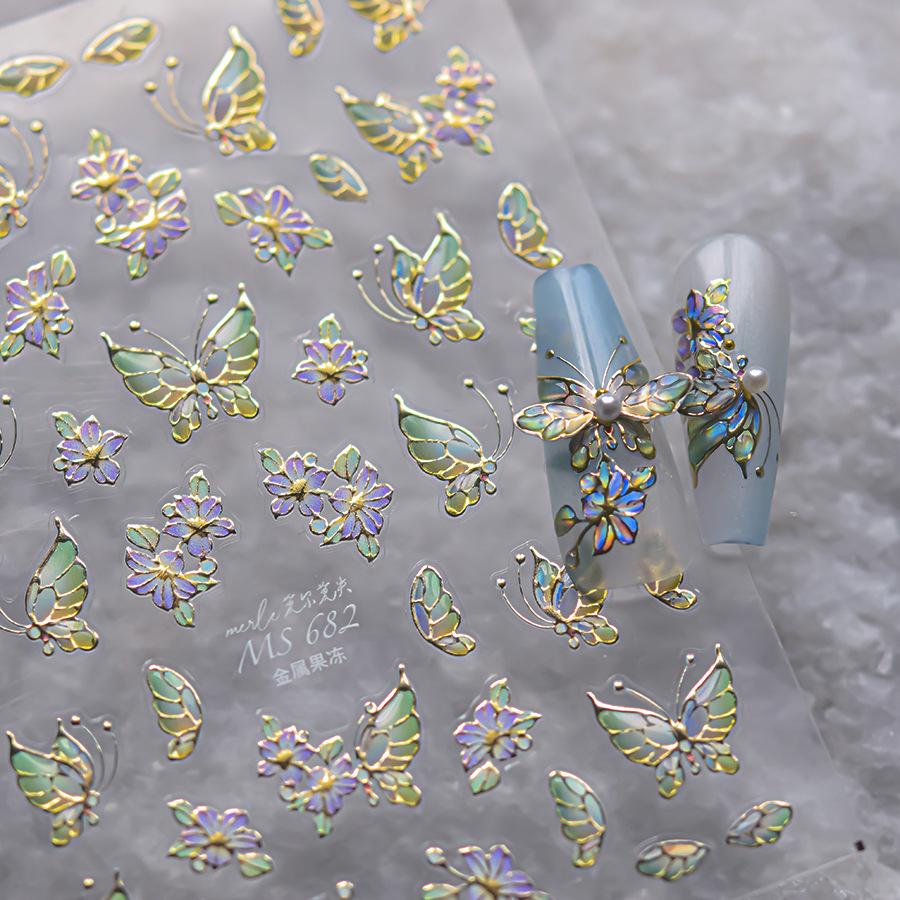 1 Piece 5D Retro Colorful Hand-painted Butterfly Nail Stickers Shell Light Butterfly Rhinestone Soft Relief Nail Art Stickers