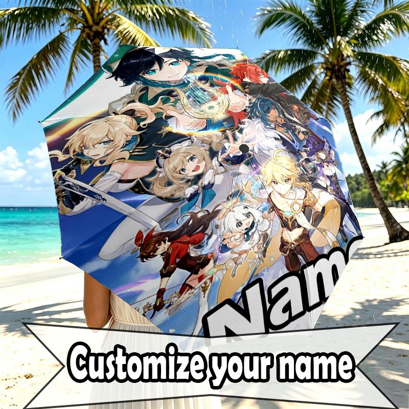 Custom Name Personalized Genshin Impact Print Umbrella, Auto Open Close, 8‑Rib Sturdy Frame, Commute Camping Hiking Use, Birthday Gift