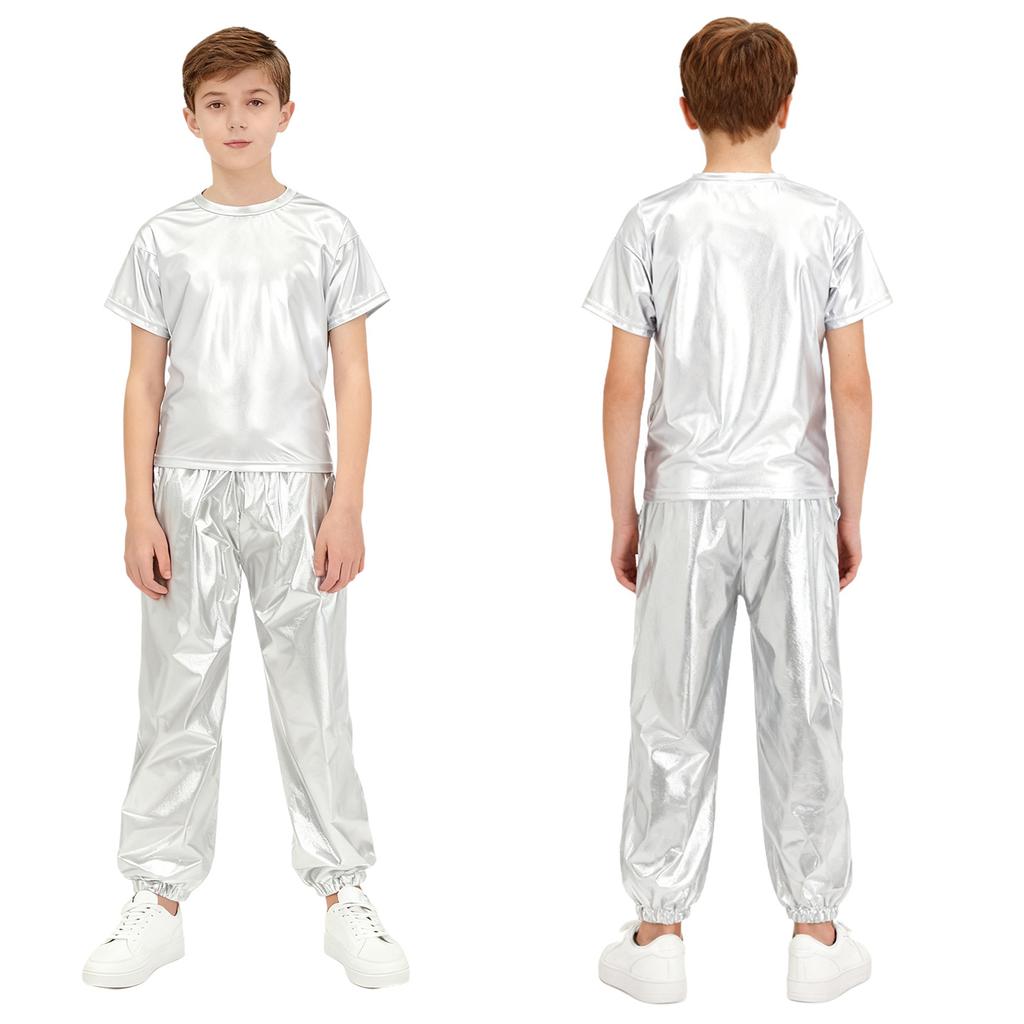 Fantasia Unisex Infantil para Festa de Dança Camiseta Metálica Brilhante de Manga Curta e Gola Redonda e Calças Conjunto para Apresentação