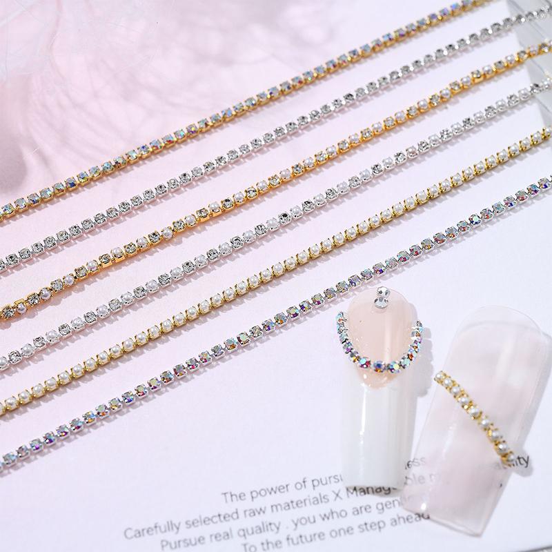 25Cm Long Luxury Crystal Pearl Chain Nail Charms 1.5/2Mm Shining Clear Diamond Nail Art Metal Glass Manicure Crystal Nail Charm