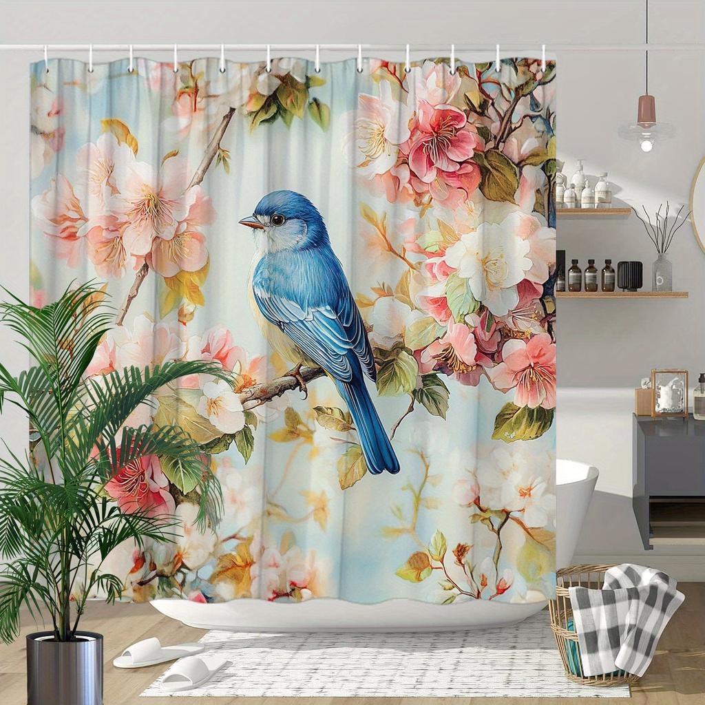 Polyester Shower Curtain - Blue Bird on Branch with Flowers, Watercolor Spring Scene, 70.8x70.8", 12 Hooks, Machine Washable