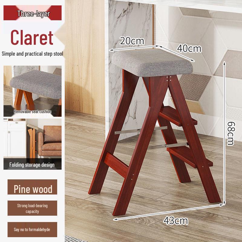 Three-Step Solid Wood Folding Ladder Stool: Multifunctional for Kitchen and Bar Use