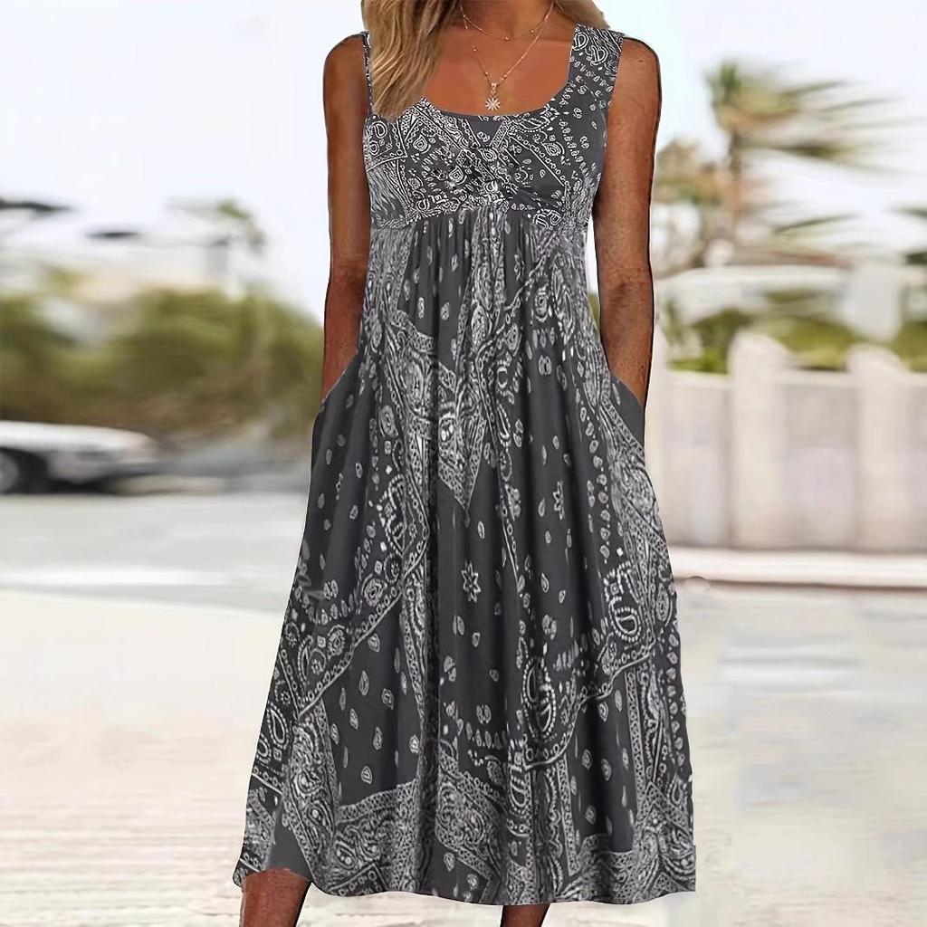 Retro Sleeveless Summer Dress with Crew Neck and Pockets – Loose Holiday Print Style
