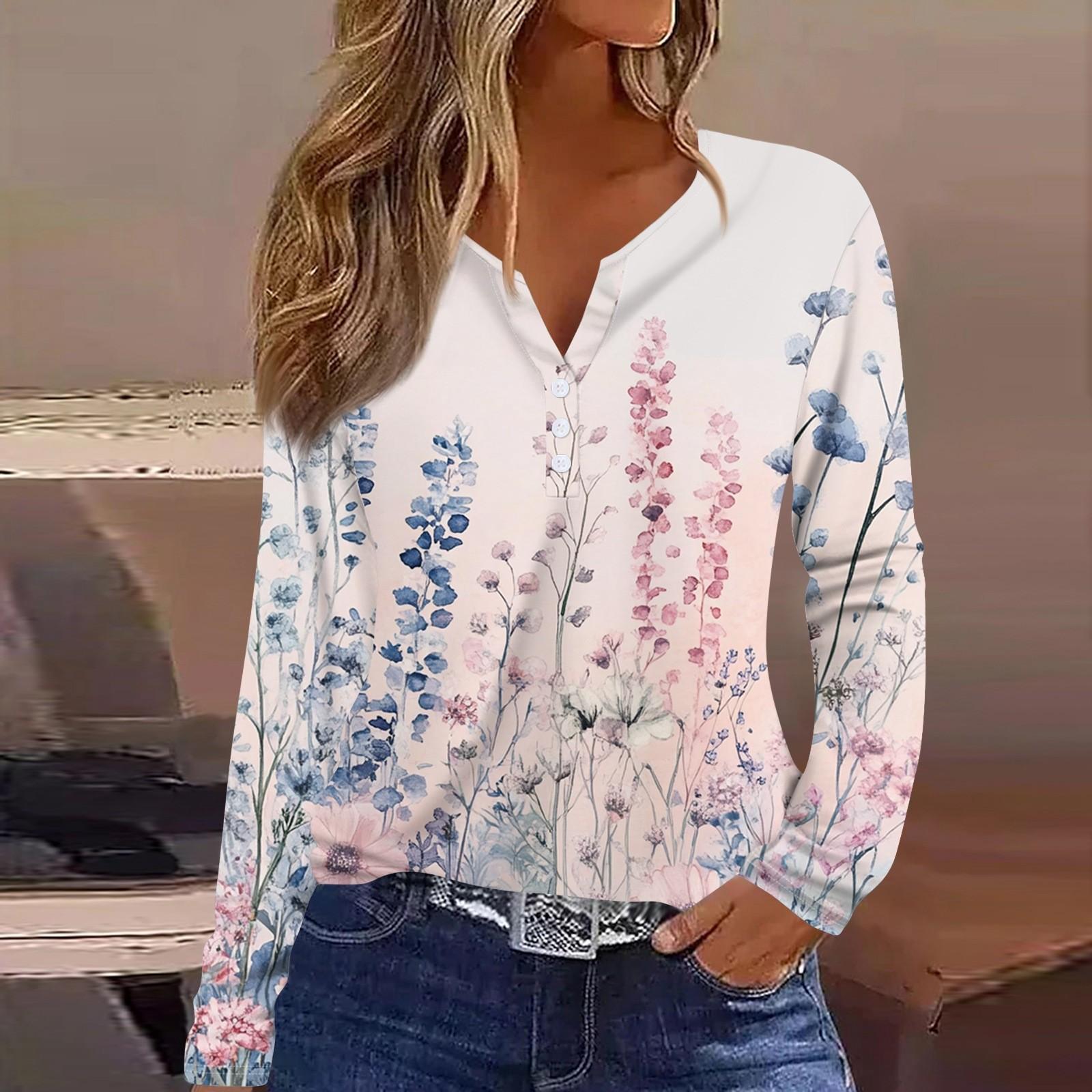 Жен. Футболка Футболка С принтом Пуговицы Длинный рукав Повседневные Выходные Мода — фото 10