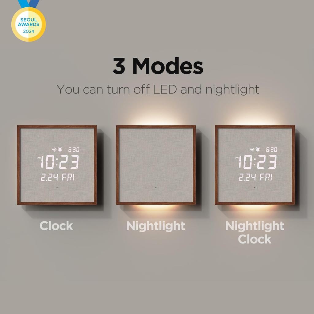 mooas Wooden Frame Backlit Nightlight LED Wall 3 Usage Selectable Can be Installed in 2 Wall Multifunctional LED Alarm Hour Remote 4 Levels of
