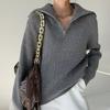 New Autumn and Winter Korean-style Laid-back Style Zipper Large Lapel Solid Color Sweater Women's Loose Pullover Knitted Sweater Coat