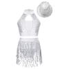 Girls Sleeveless Mock Neck Hollow Front Keyhole Back Sequin Patchwork Crop Top Sequins Tassel Briefs Hat