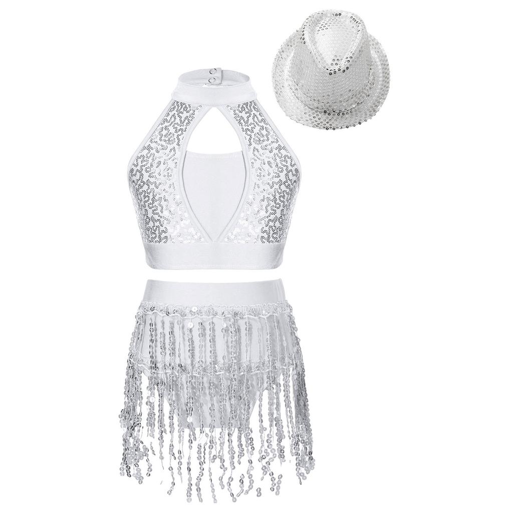 Girls Sleeveless Mock Neck Hollow Front Keyhole Back Sequin Patchwork Crop Top Sequins Tassel Briefs Hat