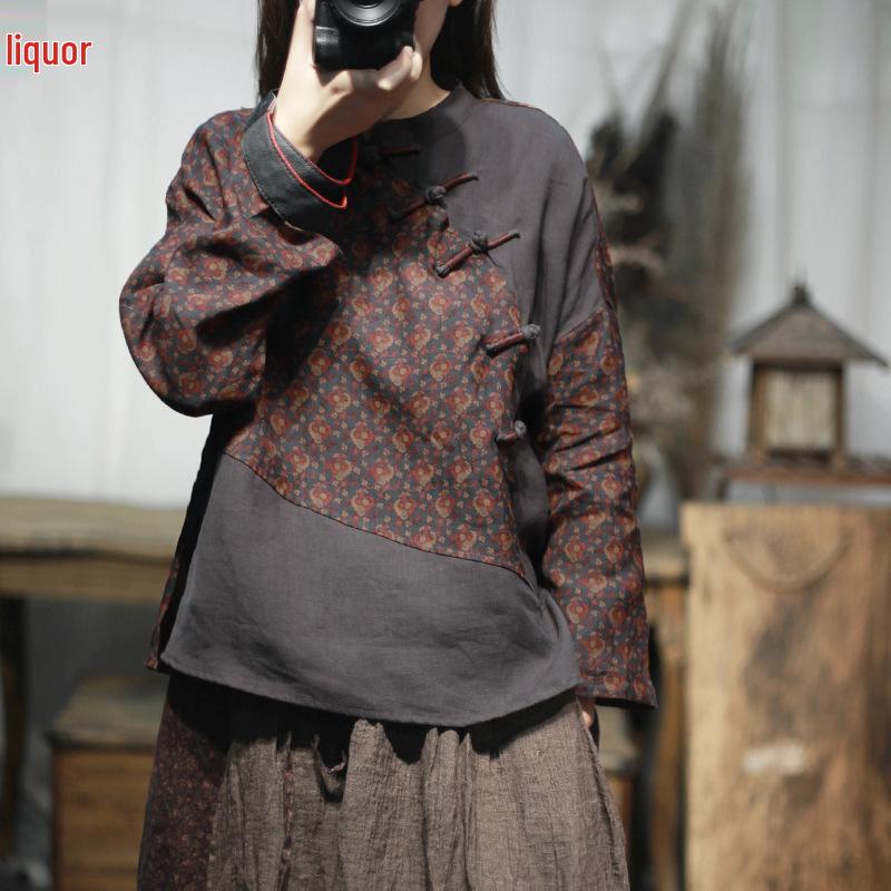 2025 Spring Color Block Linen Shirt: Elegant One-Shoulder Loose Long Sleeve with Half-High Collar