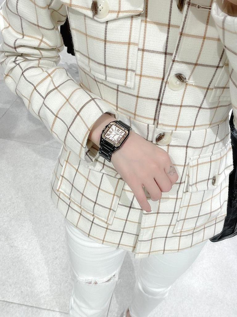 Modny zegarek Santos Square: Unisex Stalowy Pasek, Kalendarz, Wodoodporny, Kwarcowy