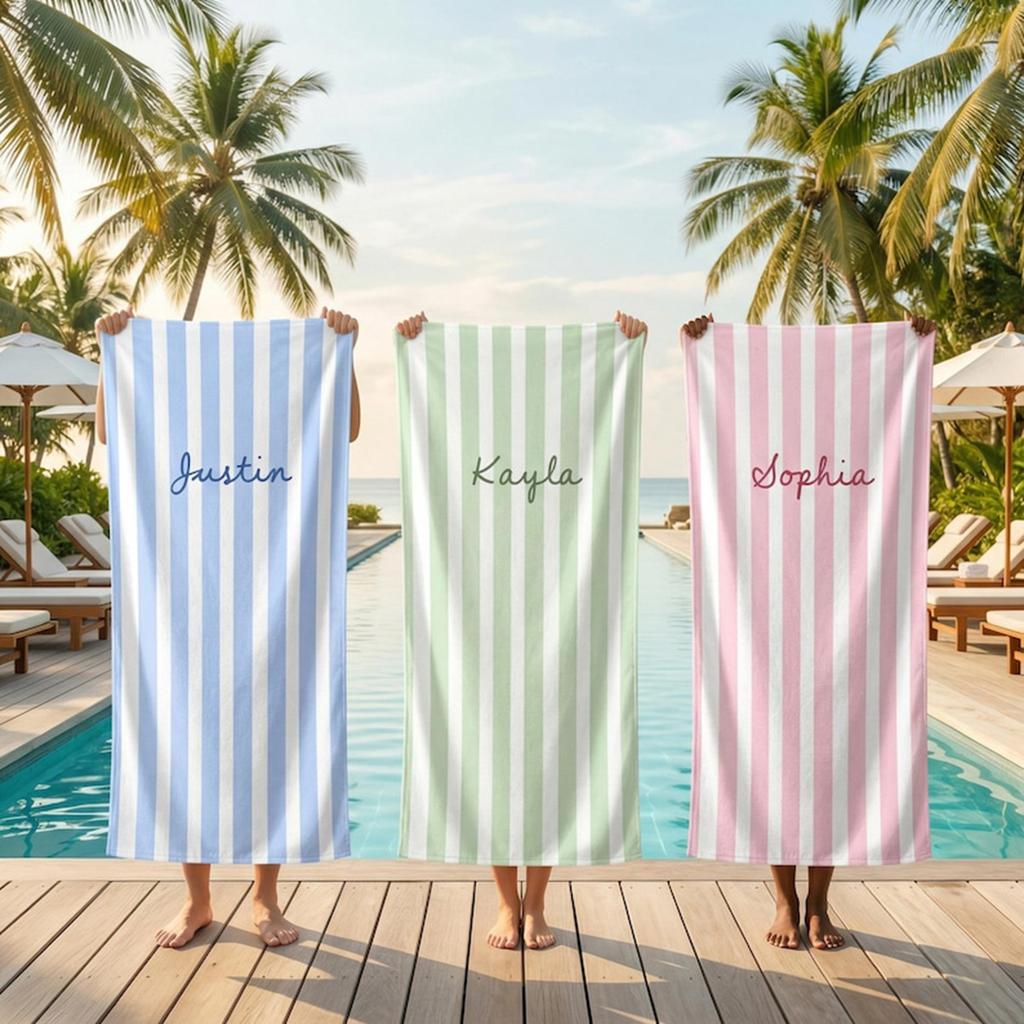 Personalized Striped Beach Towel Custom Name/Logo Oversized Microfiber Towel Summer Party Gift for Beach Swimming Bath Sports