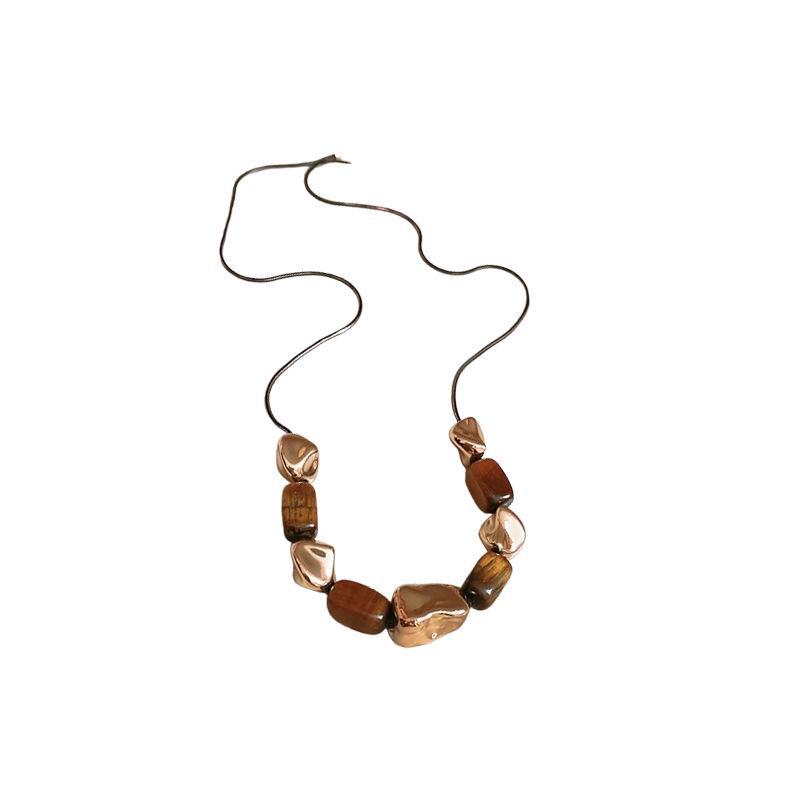 Collier Carré Pierre Œil de Tigre Maillard pour Femmes - Chaîne Clavicule Mode Rétro Automne/Hiver