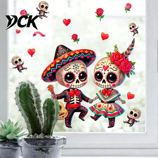 Easy Peel And Stick Murals Halloween Cartoon Skeleton Couple Window Stickers, Waterproof PVC Day of The Dead Static Decals, Traditional