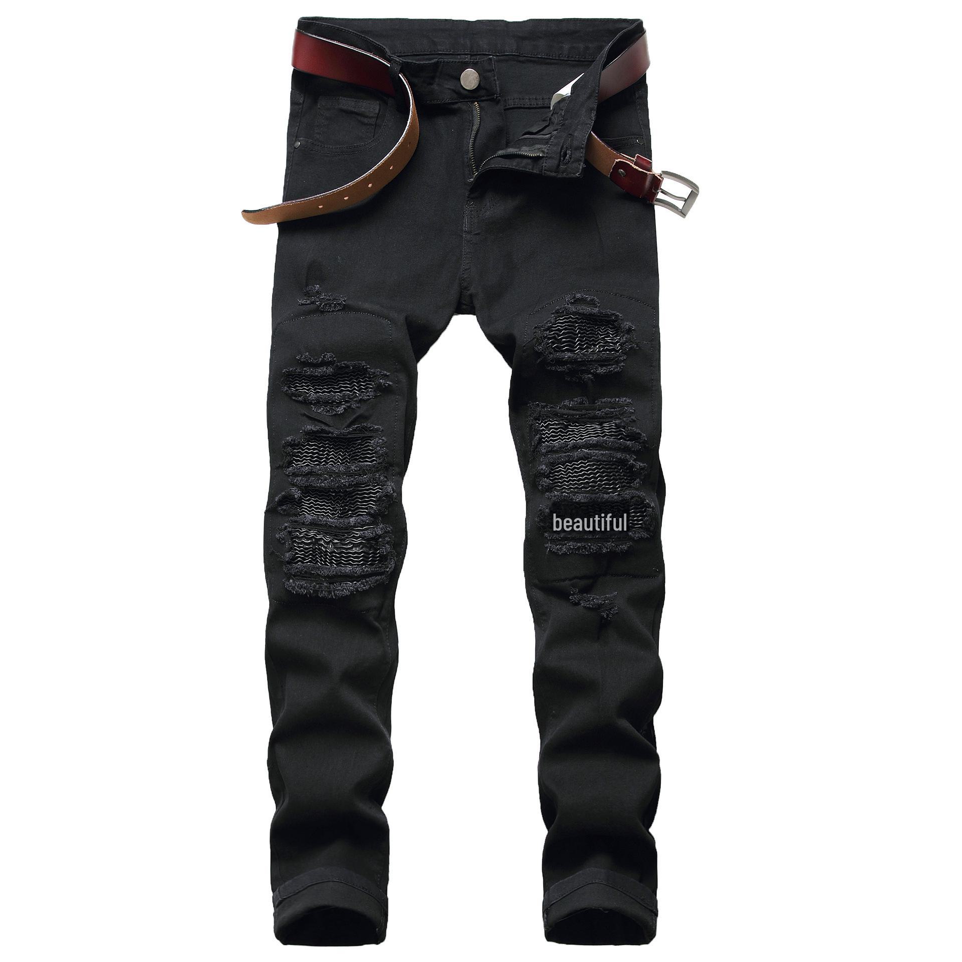 

Мужские рваные черные эластичные узкие джинсы Leather P8008; 27 чёрный