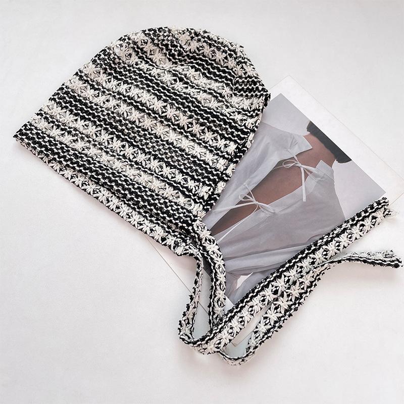 Striped Lace Up Knitted Pullover Hat for Women New Hollow Versatile Cold Hat Autumn and Winter Face Showing Small Baotou Knitted Hat